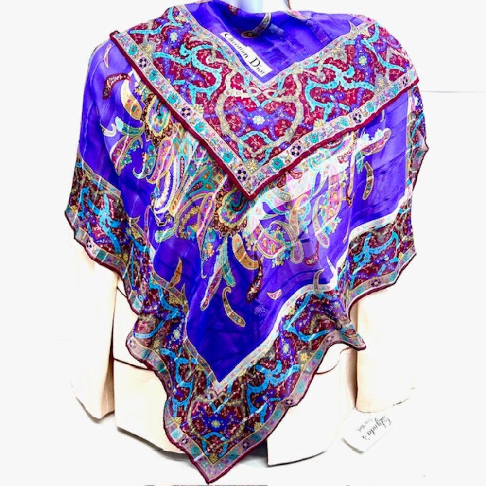 Christian Dior Soft 00% Silk Scarf Chiffon & Satin PurplePaisley Floral 31"(21 - Picture 5 of 14